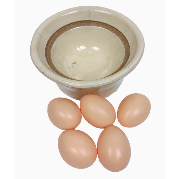 Primitive Antique 1940's Crock Stoneware Bowl Farmhouse Country w Fake Eggs 6" - Picture 6 of 8
